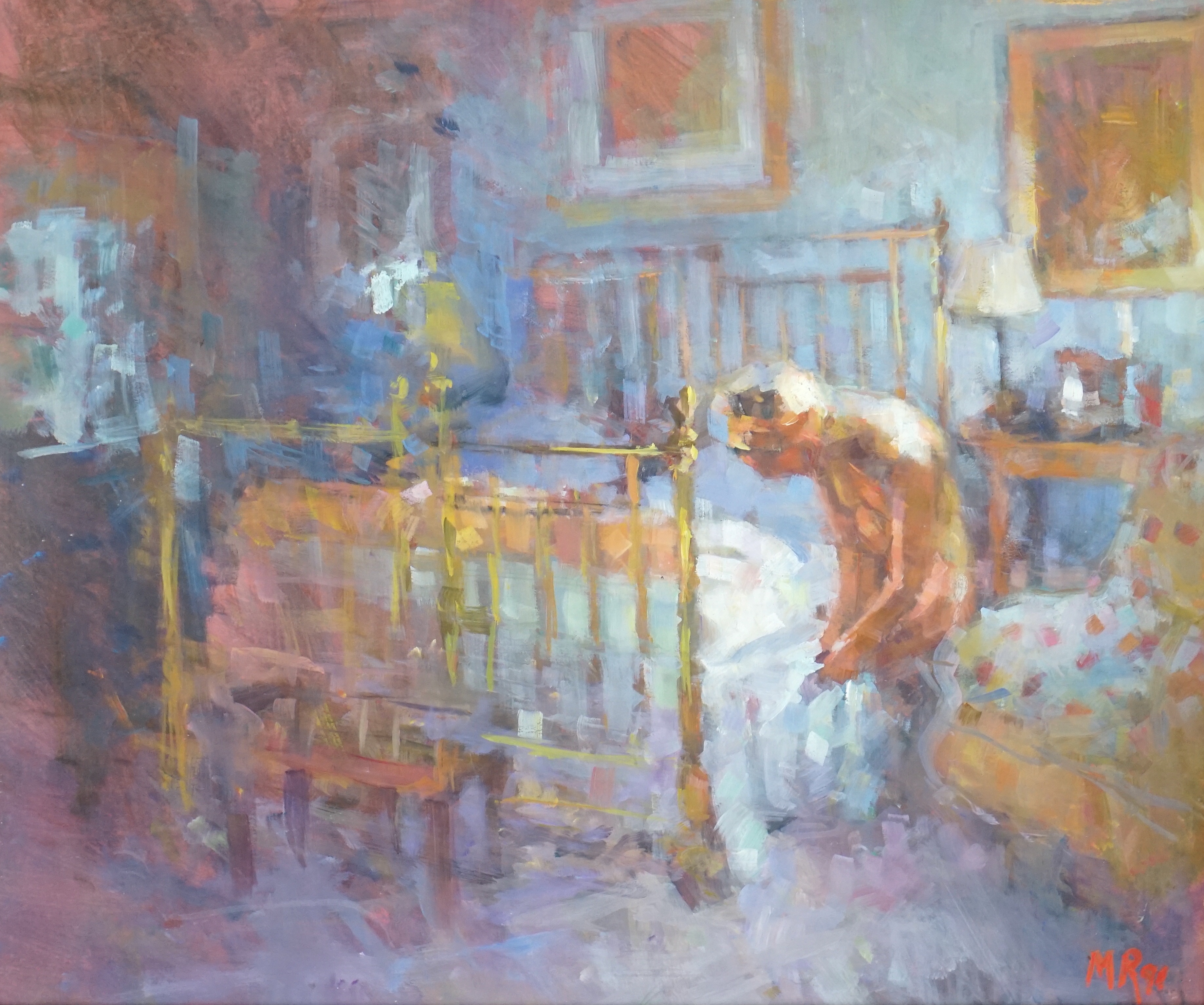 Mark Rowbotham (1959-), oil on board, Bedroom interior with female nude, initialled and dated '91, 25 x 30cm
